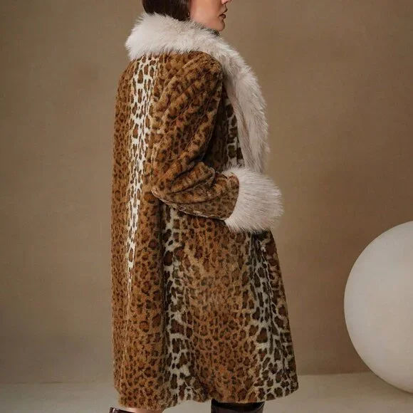 Brown Casual Women's Faux Fur Leopard Print Trim A-Line Waist Long Women's Coat - Picture 5 of 5